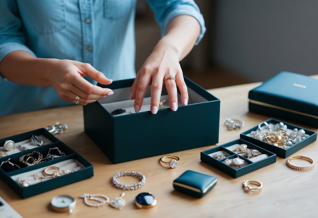 A woman's hand reaches into a disorganized jewelry box, searching for a missing wedding ring amidst scattered accessories