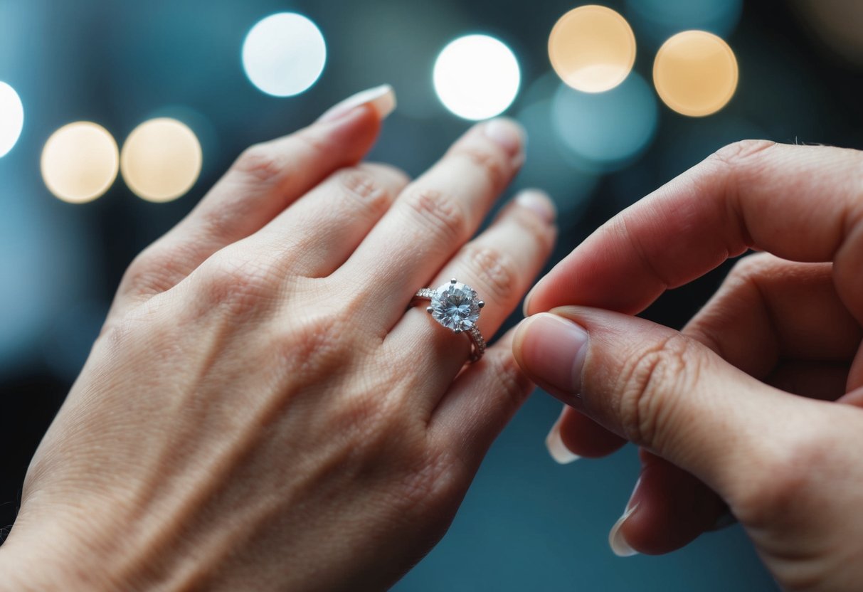 A hand placing a second ring on a finger