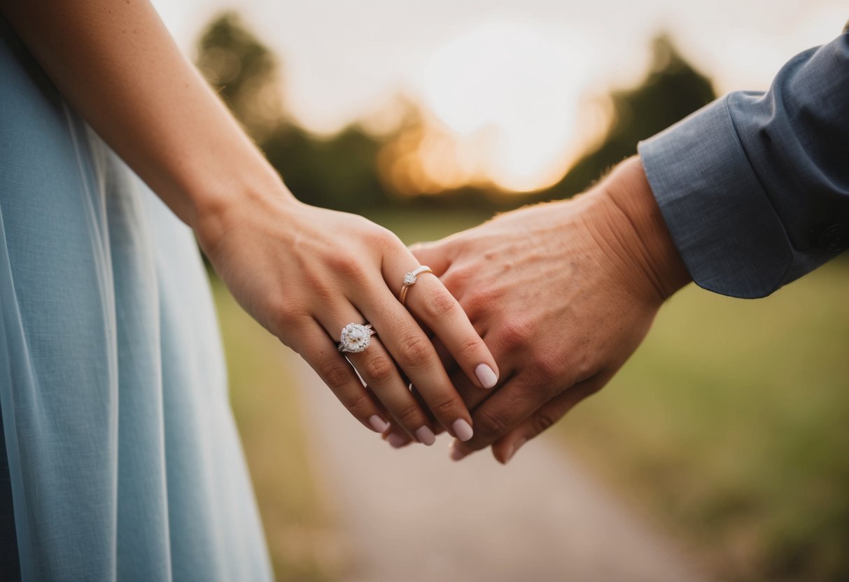 A couple's hands holding, one with a wedding ring and the other with an anniversary ring, symbolizing love and commitment