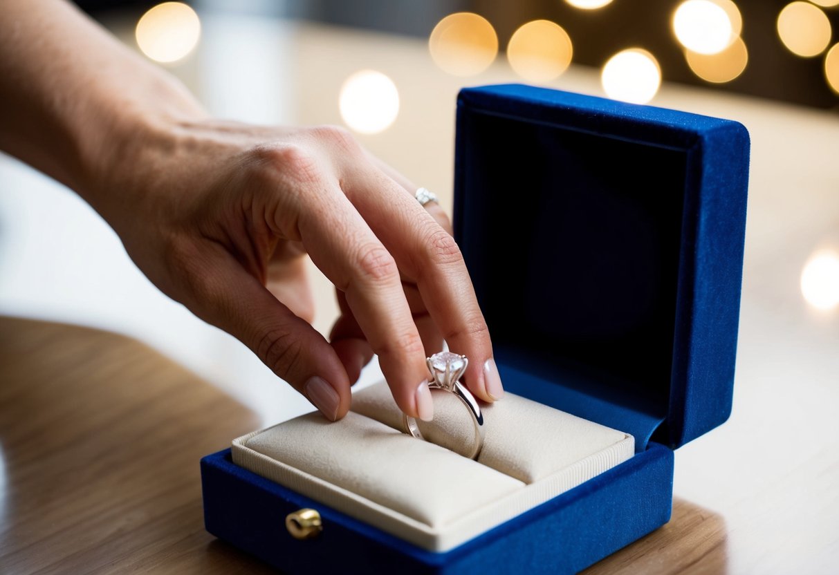 A hand placing a wedding ring in a velvet-lined jewelry box