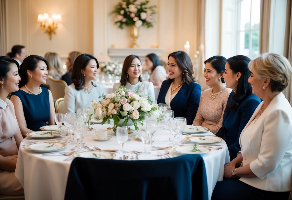 A table set with elegant place settings, floral centerpieces, and delicate china. A group of women in formal attire chatting and enjoying a meal