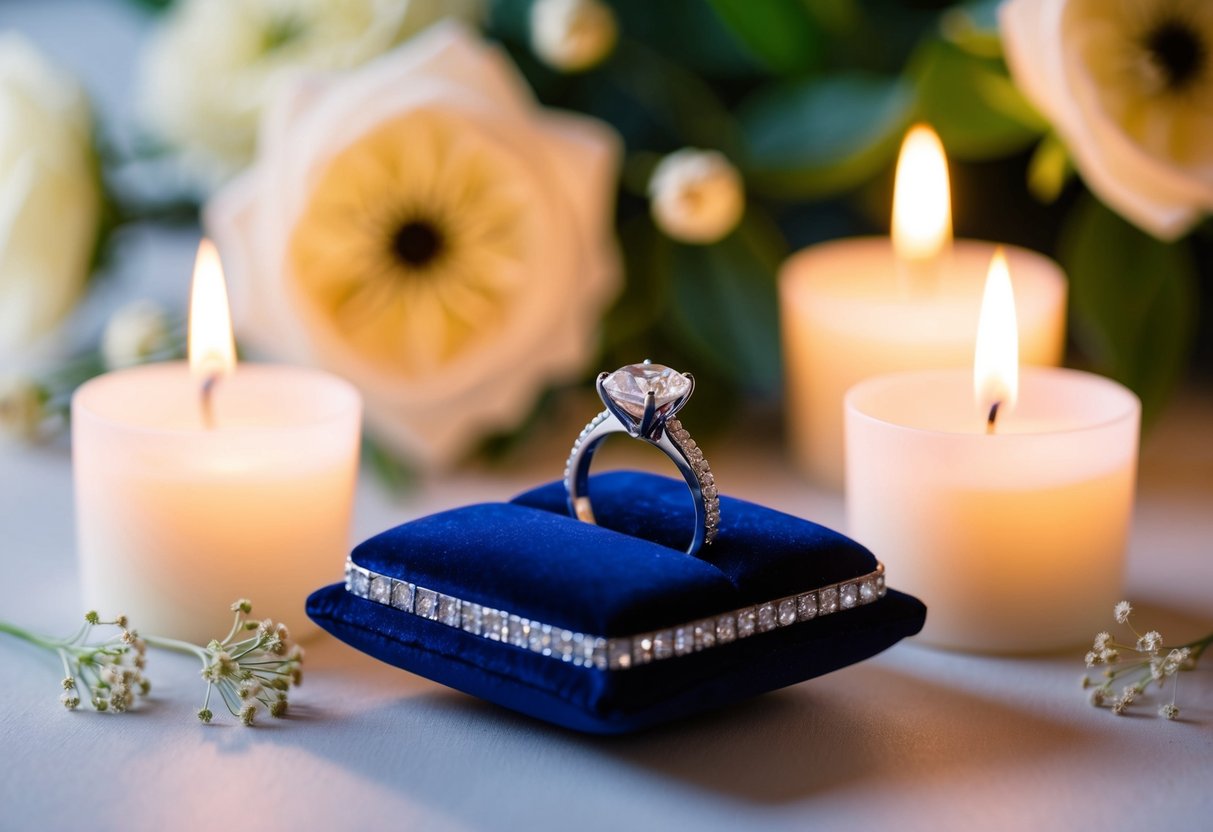 A sparkling wedding ring placed on a velvet cushion, surrounded by soft candlelight and delicate flowers