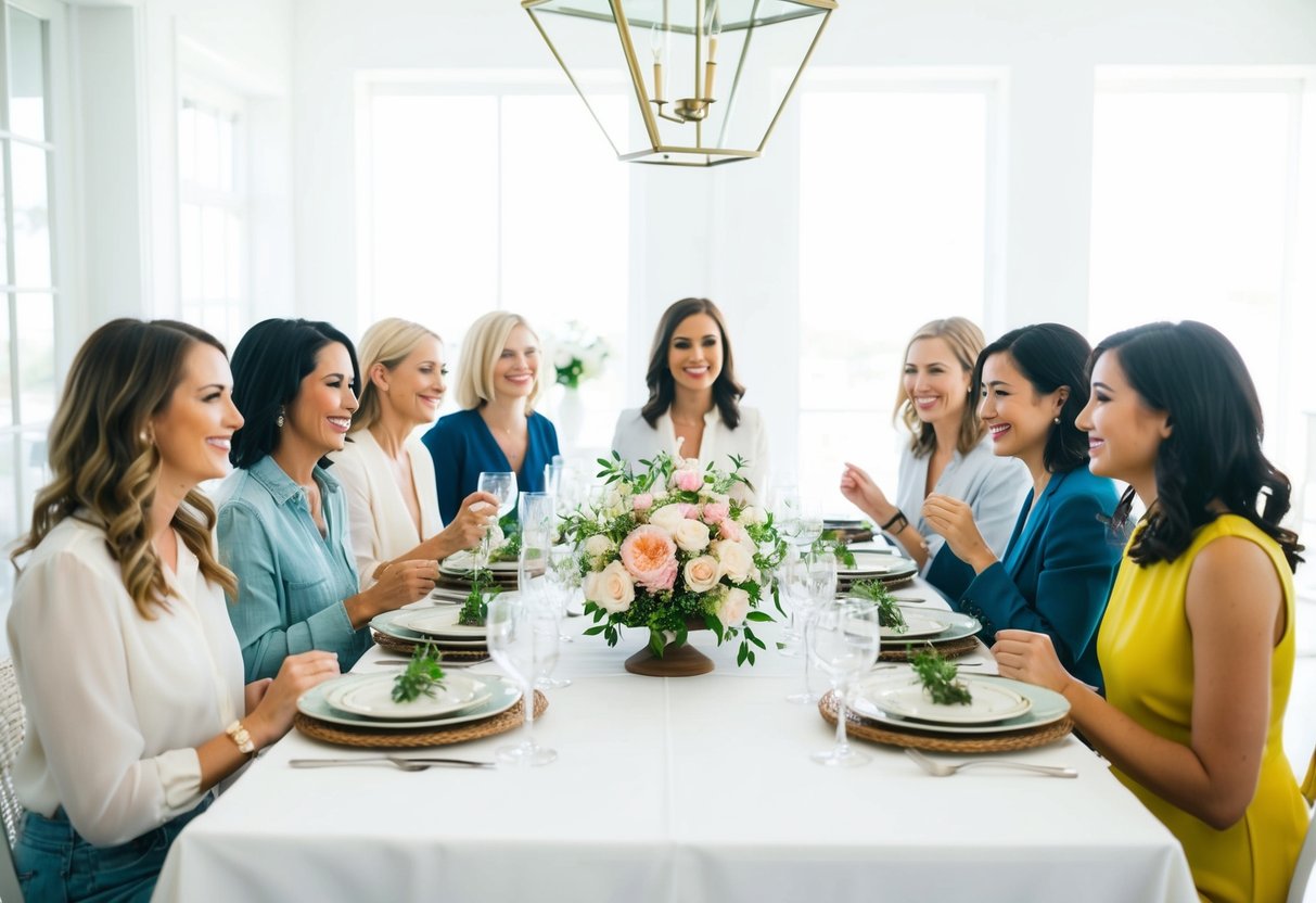A table set with elegant place settings and floral centerpieces. A group of women socializing and enjoying a meal together in a bright, airy room