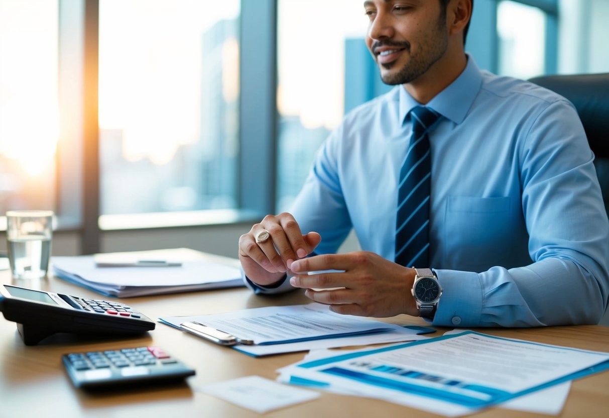 A person sitting at a cluttered desk, speaking with a sales representative while holding a wedding ring. Various paperwork and a calculator are visible on the desk