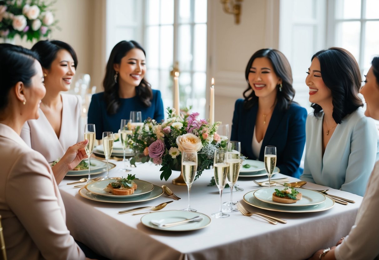 A table set with elegant dishes, champagne glasses, and floral centerpieces. A group of women chatting and laughing while enjoying a meal