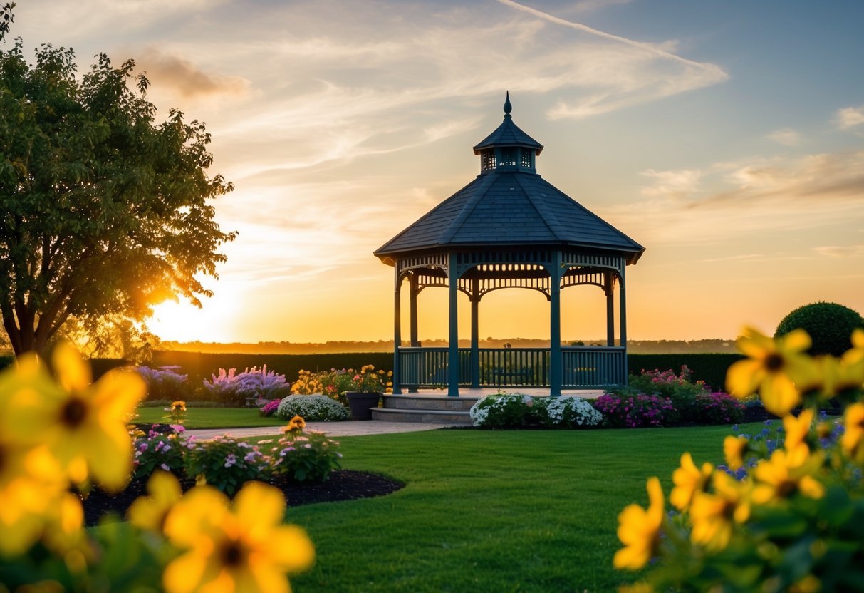 A picturesque garden with blooming flowers and a gazebo, set against a golden sunset sky