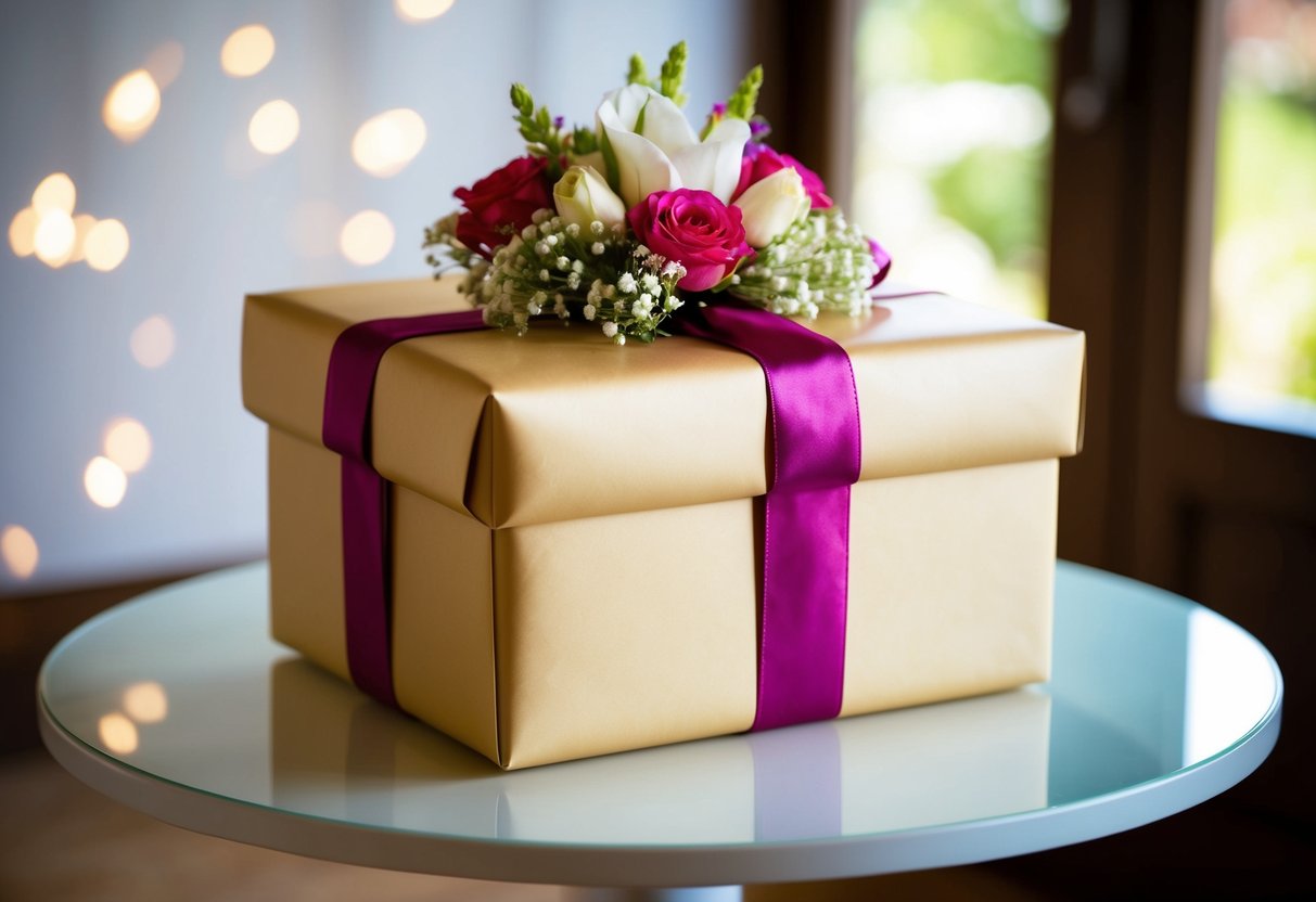 A beautifully wrapped gift box sits on a table, adorned with ribbons and flowers, ready to be presented at the wedding