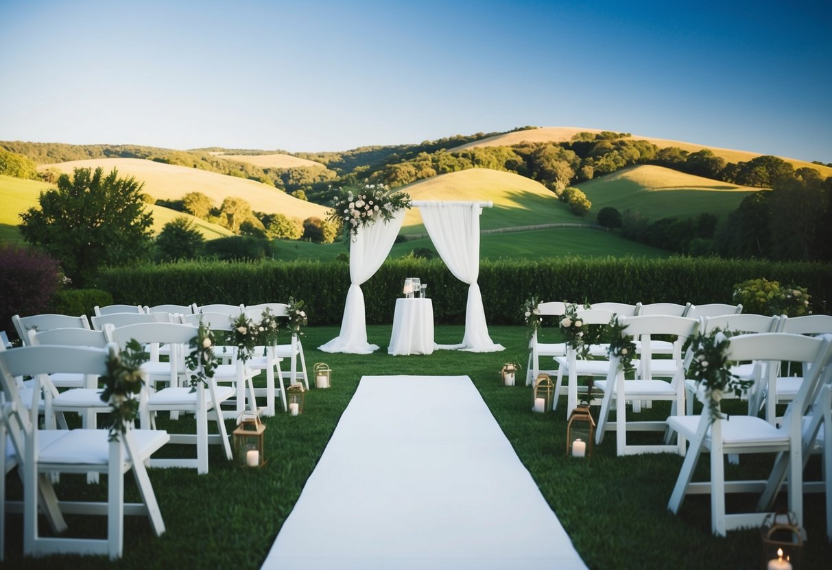 A serene outdoor wedding setting with a picturesque backdrop of rolling hills, lush greenery, and a clear blue sky