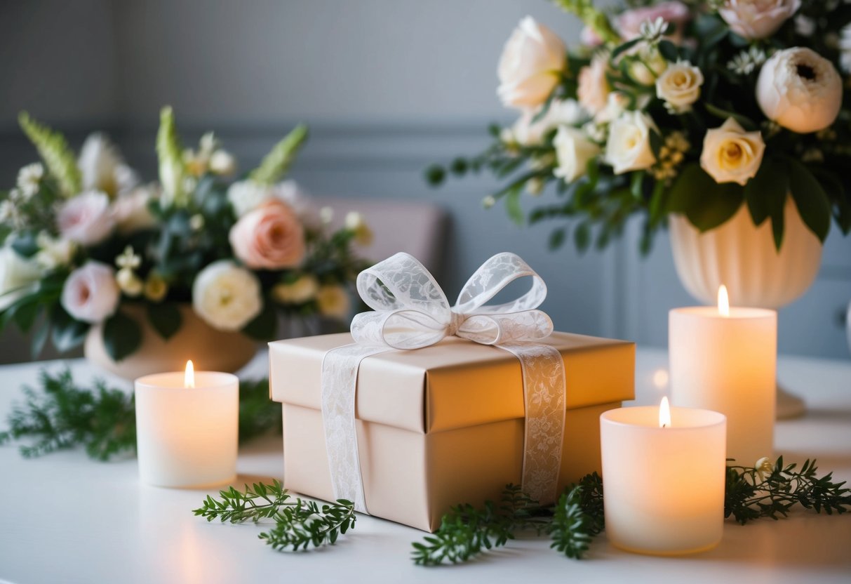 A beautifully wrapped gift box with a delicate bow sits on a table, surrounded by elegant floral arrangements and soft candlelight
