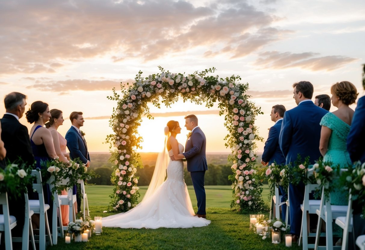 A beautiful outdoor wedding ceremony with a stunning floral arch as the backdrop, set against a picturesque sunset