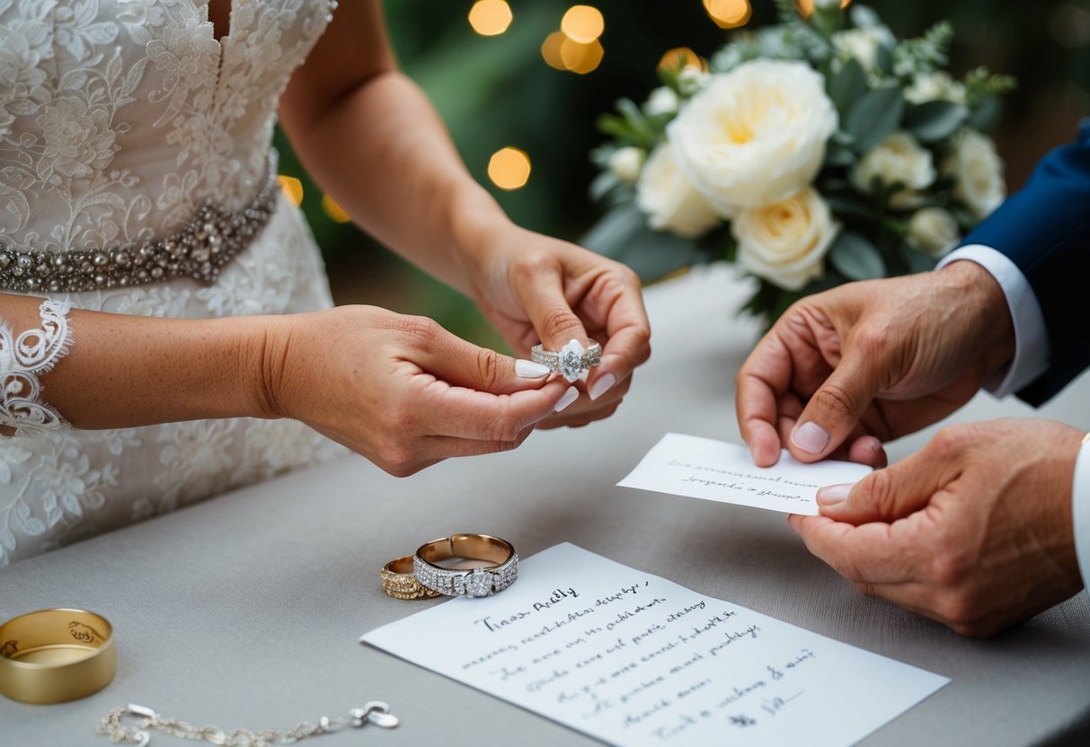 The bride's parents carefully select a beautiful piece of jewelry and a handwritten note to present as a thoughtful gift