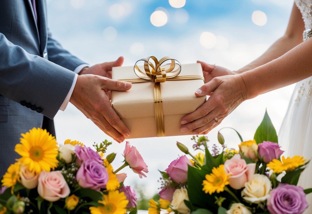 A parent's hands presenting a beautifully wrapped gift to the bride and groom, surrounded by flowers and love