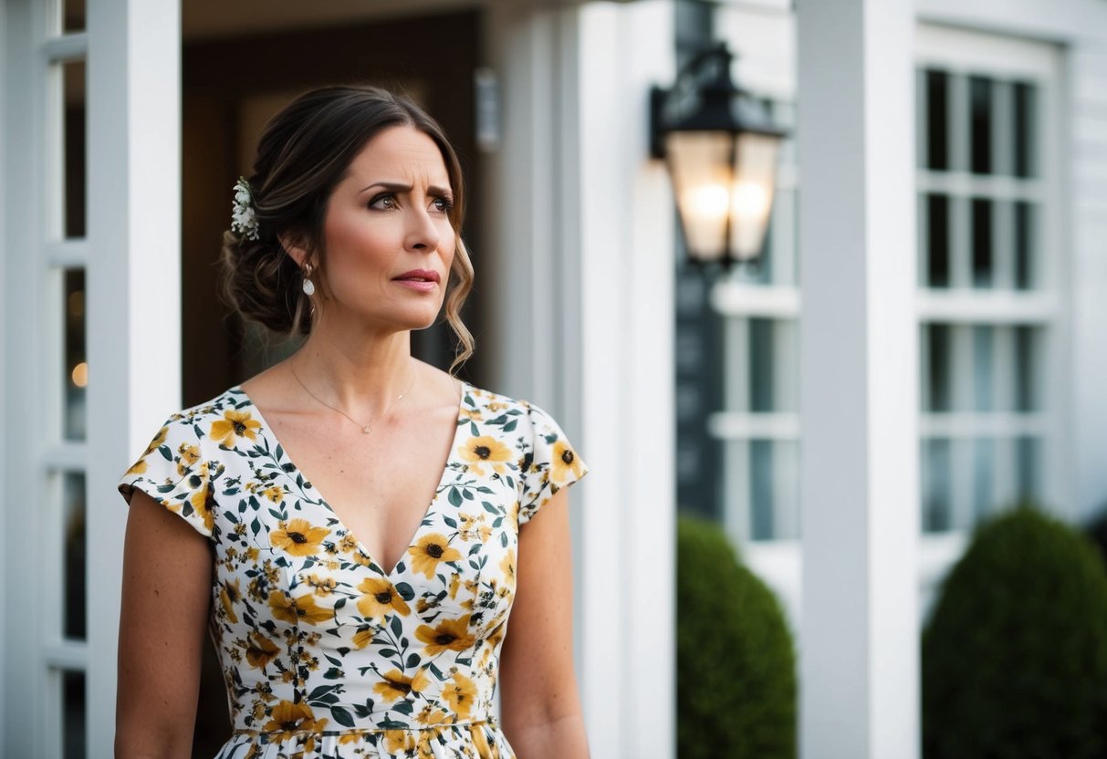 A woman in a floral print dress with a white background, standing outside a wedding venue with a concerned expression