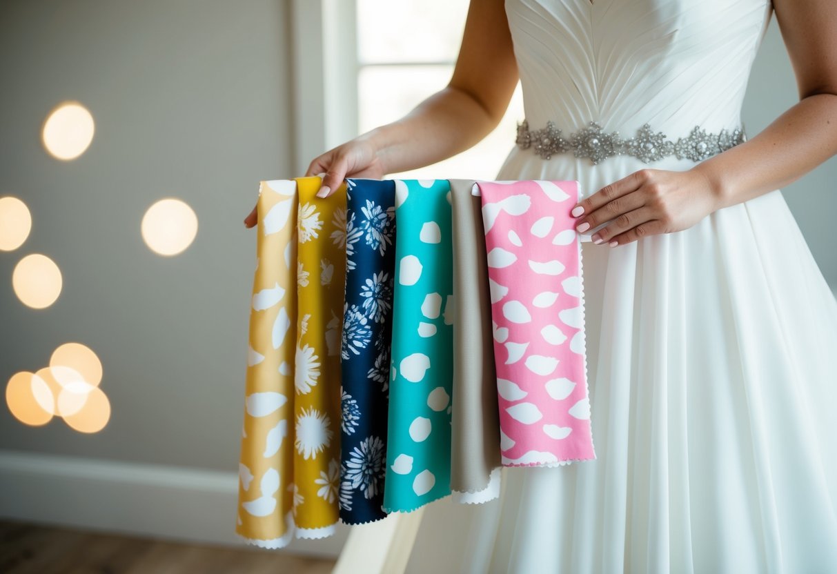A woman holding up different printed fabric swatches against a white wedding dress