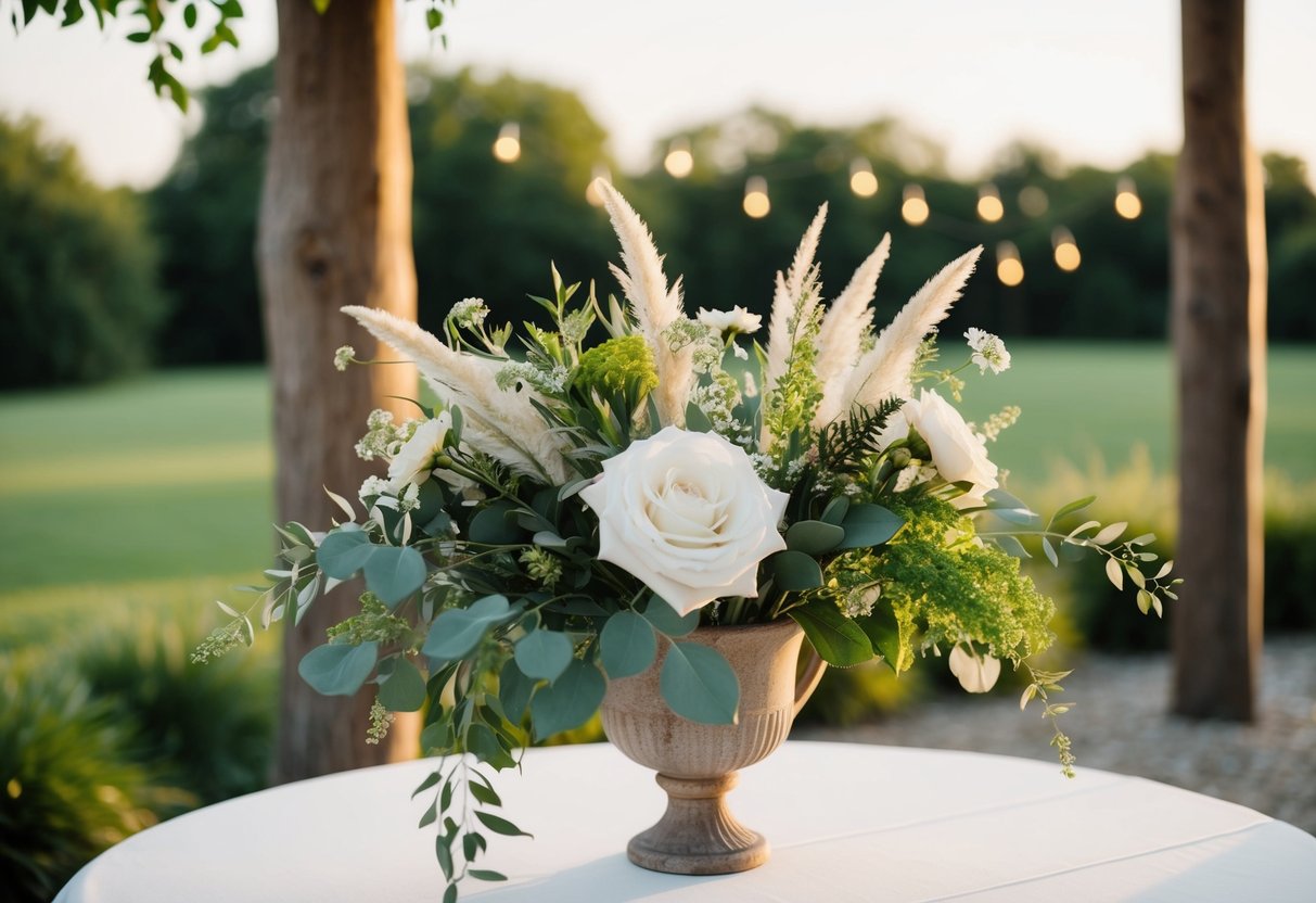 An outdoor wedding with a rustic theme, featuring a mix of floral and greenery decorations
