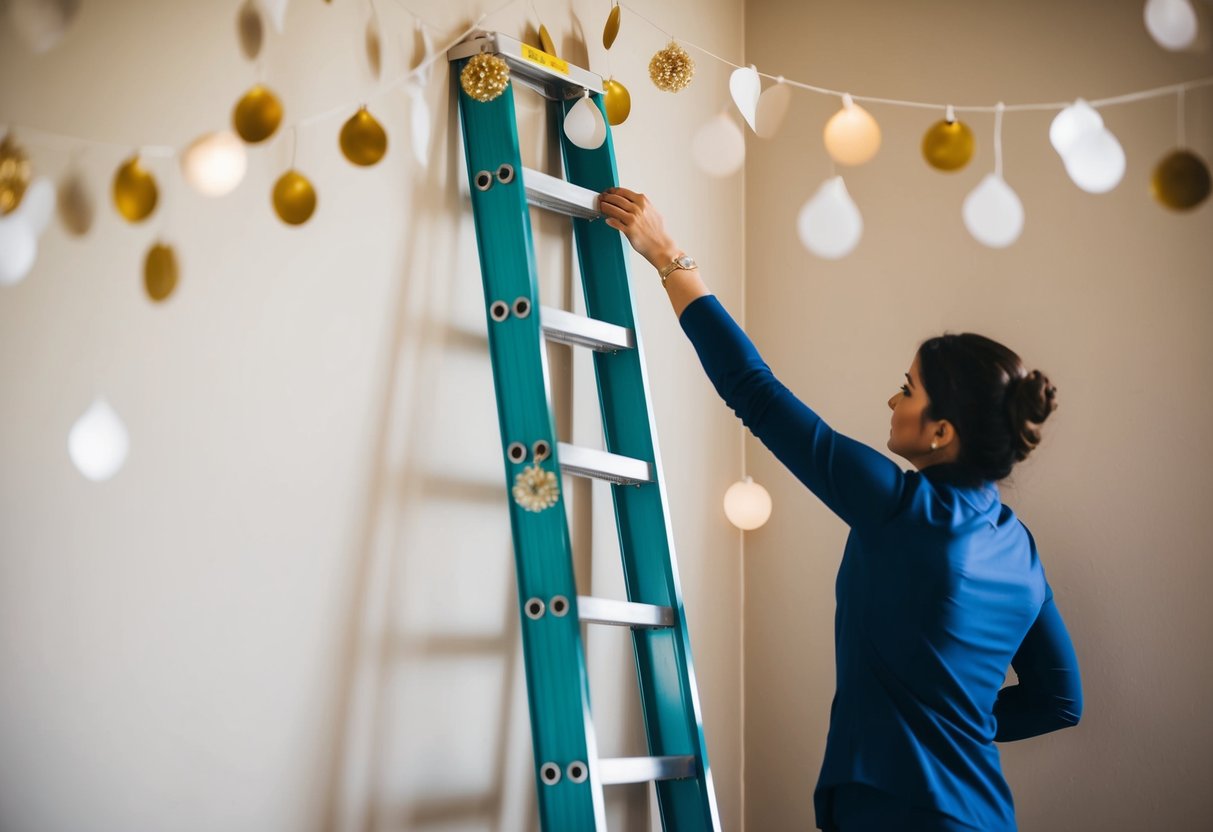 A ladder leaning against a wall with a person using adhesive hooks to hang wedding decorations