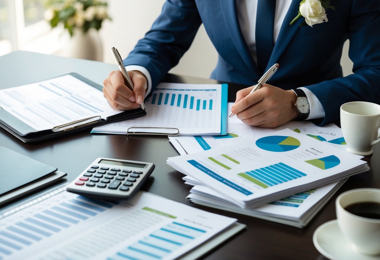 A wedding planner at a desk, surrounded by budget spreadsheets and wedding magazines, with a calculator and pen in hand