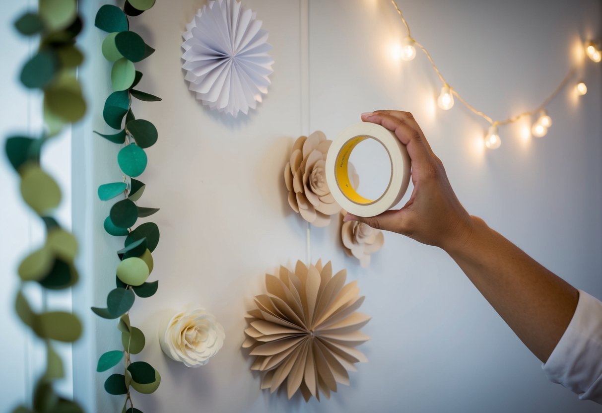 A hand reaching for a roll of double-sided adhesive tape, while various wedding decorations such as garlands, paper flowers, and string lights are being carefully hung on the walls without causing any damage