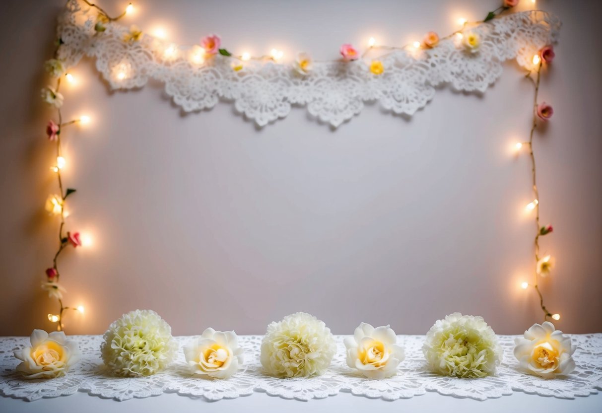 A white lace backdrop adorned with delicate flowers and twinkling fairy lights