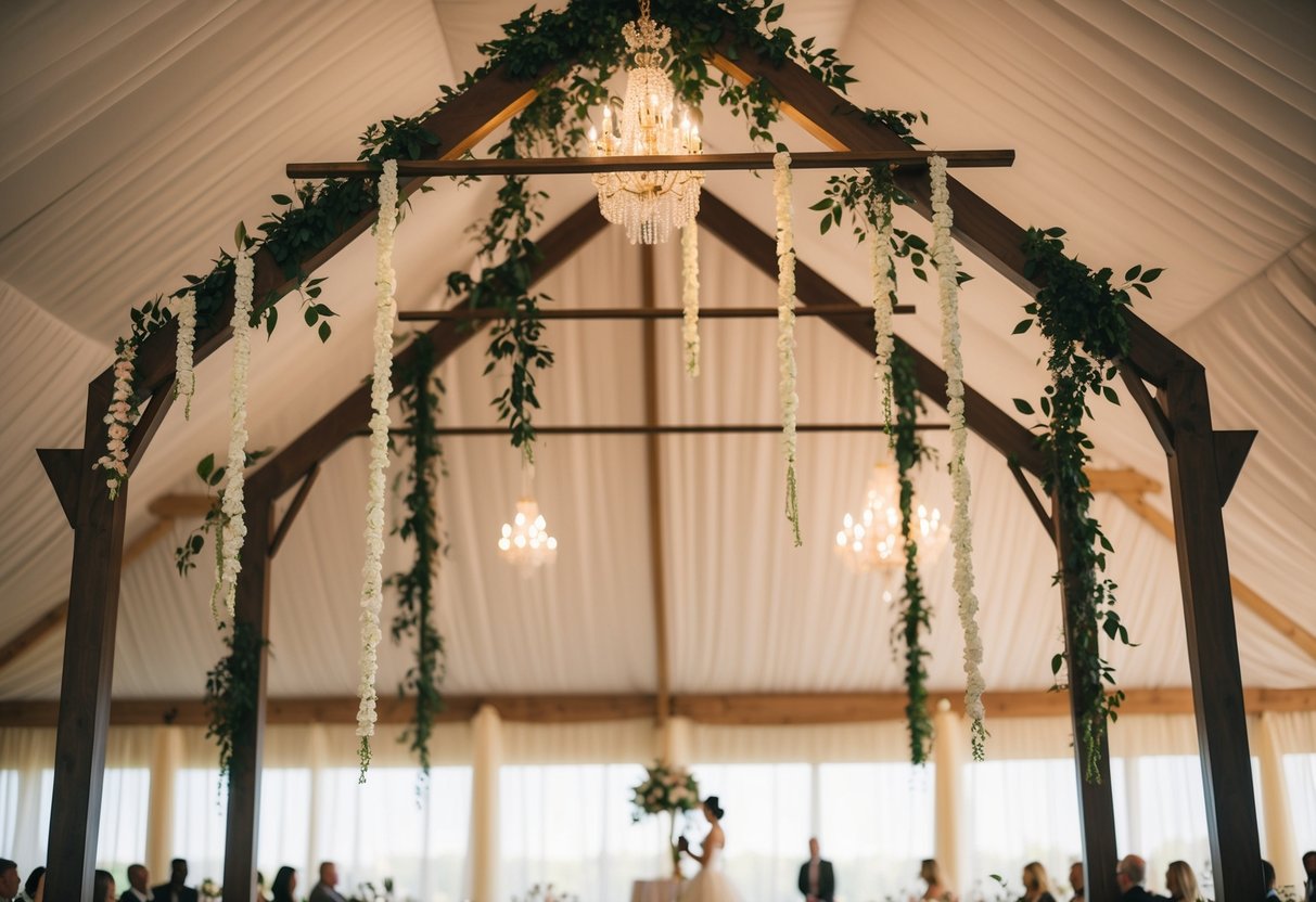 Decorations hung on free-standing structures at a wedding venue without damaging walls