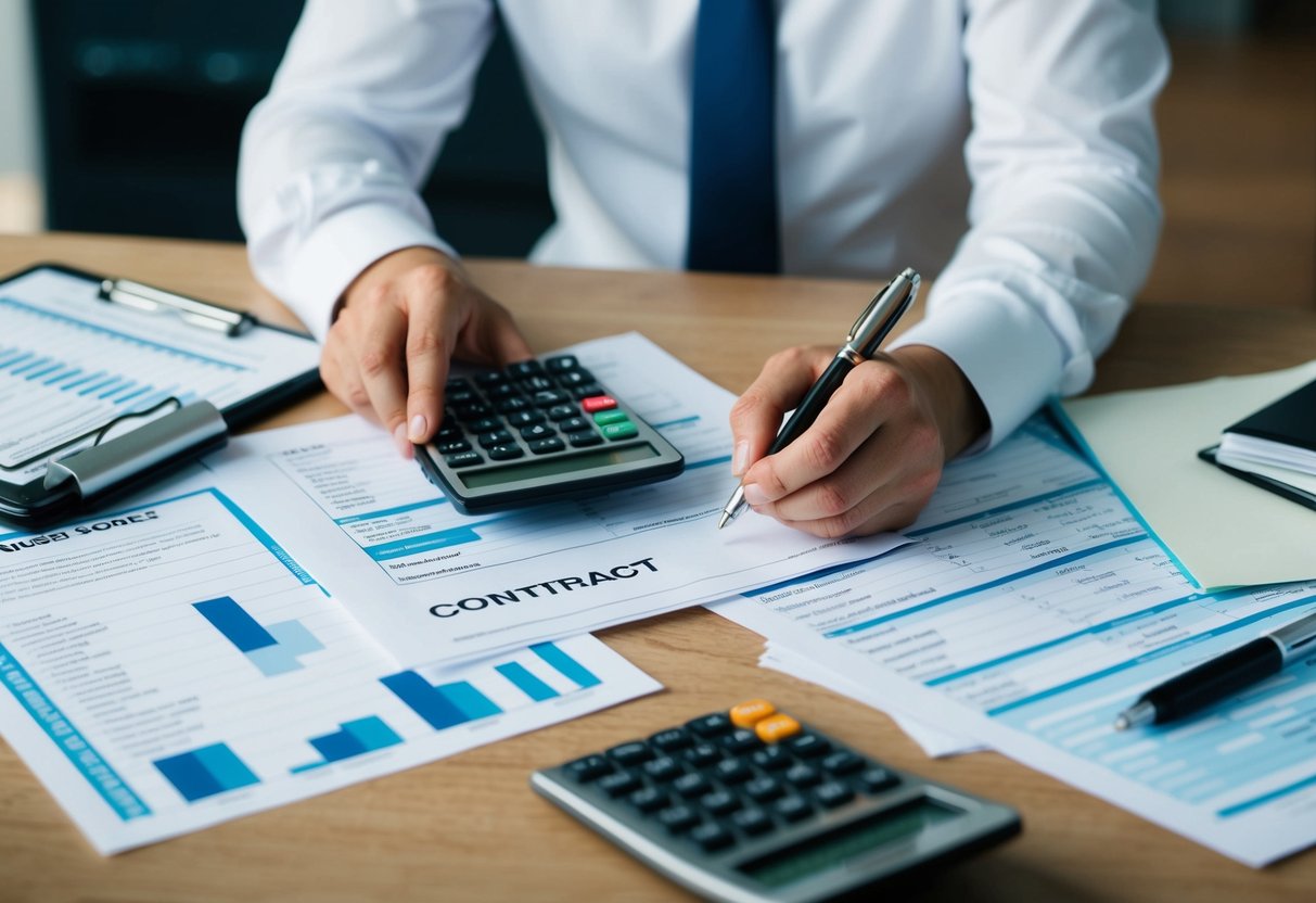 A wedding planner reviewing spreadsheets and contract documents at a cluttered desk. Calculator, pen, and budget notes scattered around