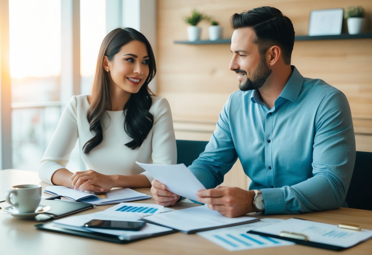 A couple seated at a table with wedding planning materials, discussing budget and avoiding hidden costs