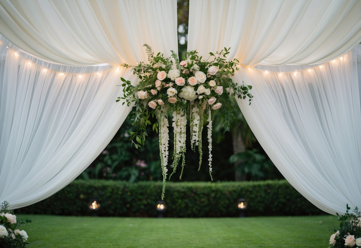 A wedding backdrop made of white chiffon drapes, adorned with fresh flowers and twinkling fairy lights, set against a lush garden backdrop