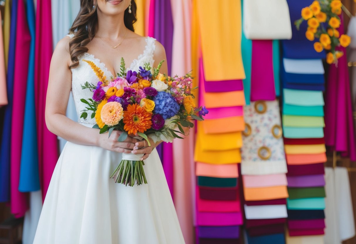 A bride holding a bouquet of colorful flowers, standing in front of a backdrop of vibrant, non-white fabric swatches