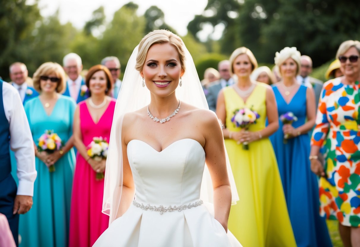 A bride in a white dress at a wedding, surrounded by guests in colorful attire