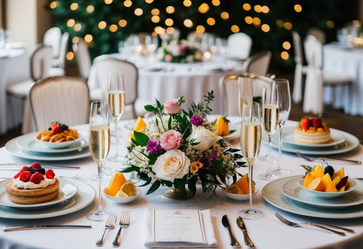 A table set with elegant place settings, adorned with champagne flutes, floral centerpieces, and a spread of pastries, fruits, and savory dishes
