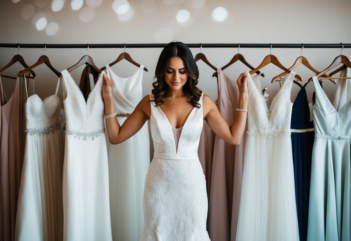A woman holds up various white dresses, pondering what to wear to a wedding