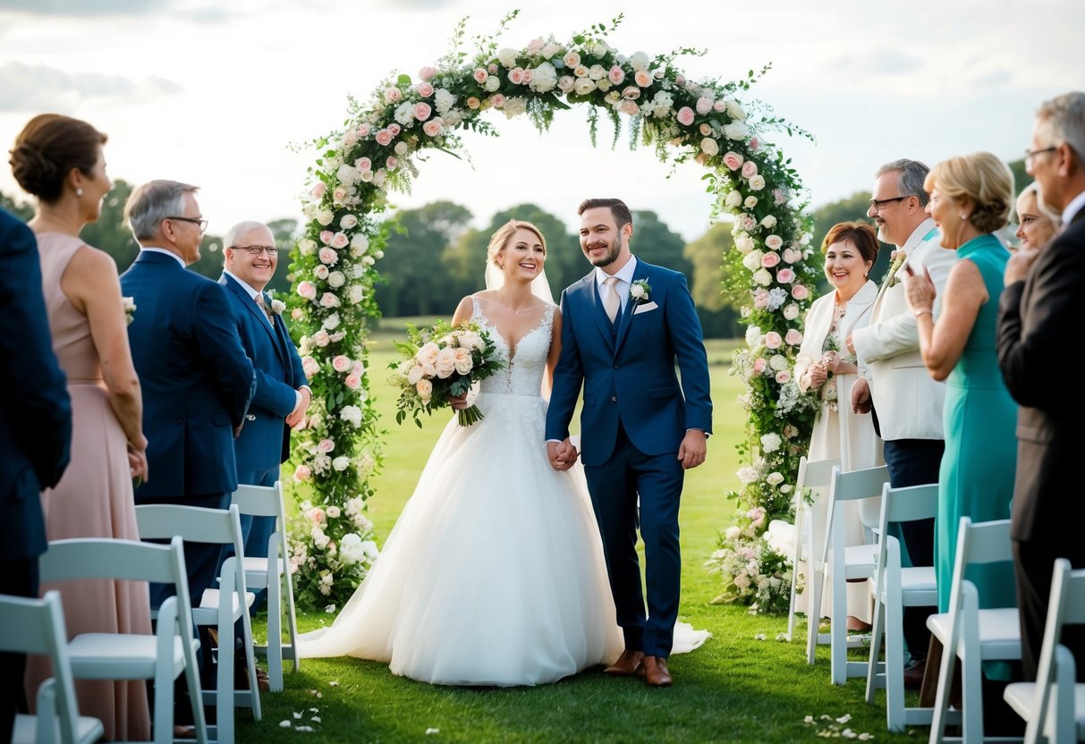 A bride and groom stand under a floral arch, surrounded by guests, as a photographer captures the joyful moment