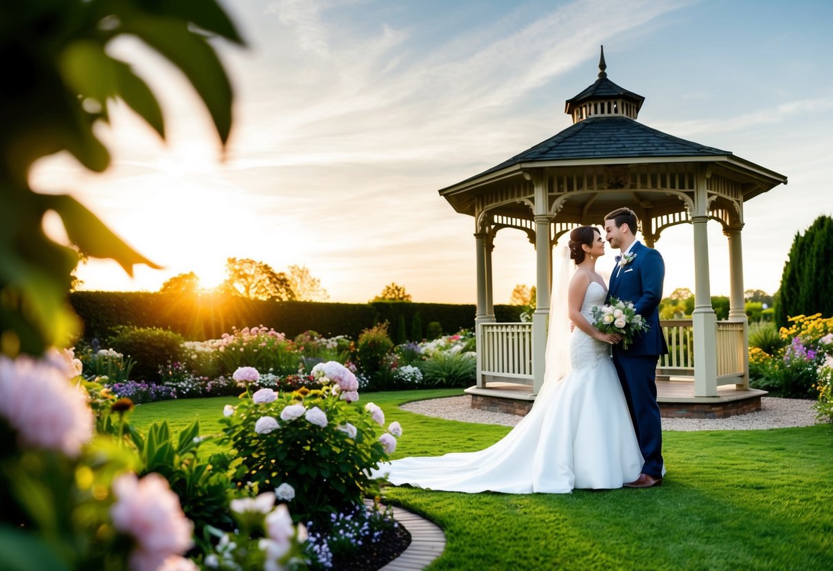 A bride and groom stand in a lush garden surrounded by blooming flowers and a picturesque gazebo. A photographer captures the couple in a candid moment, with the sun setting in the background