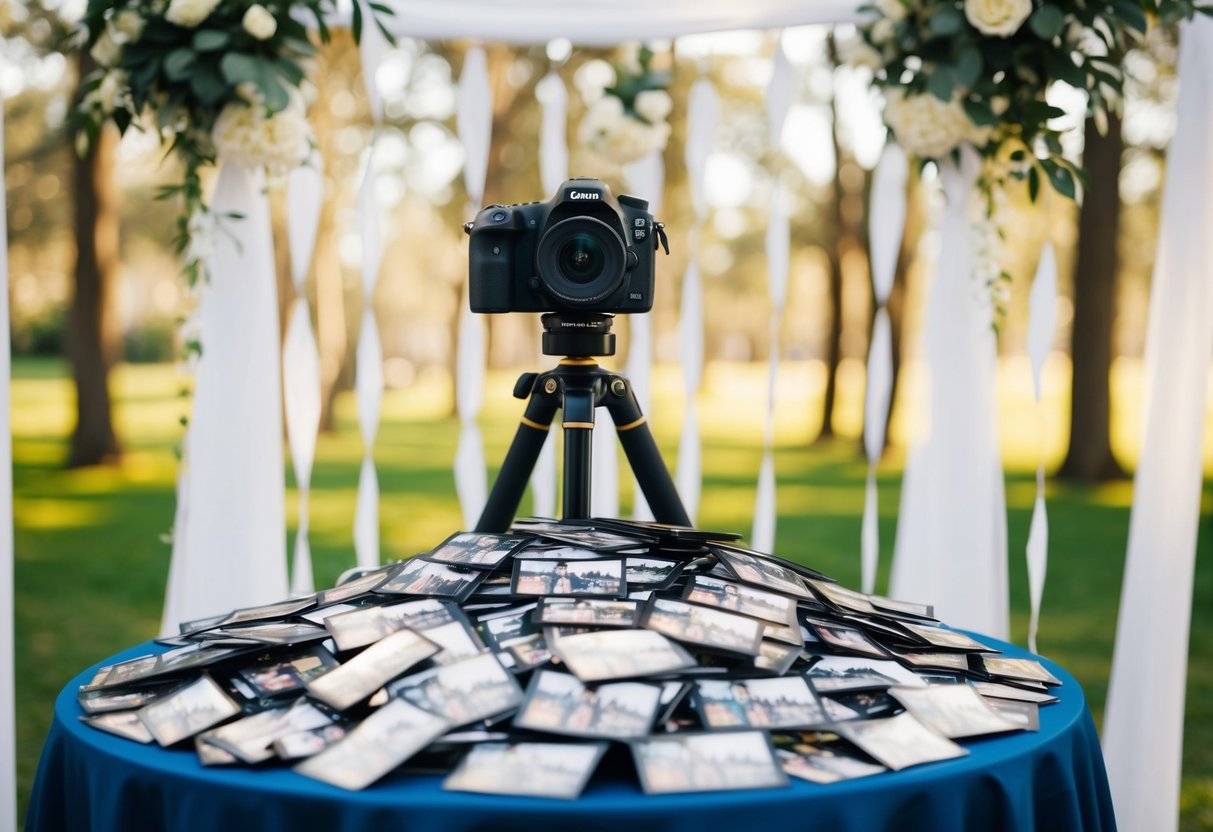 A camera on a tripod surrounded by wedding decorations, with a table covered in a pile of 200 printed photographs