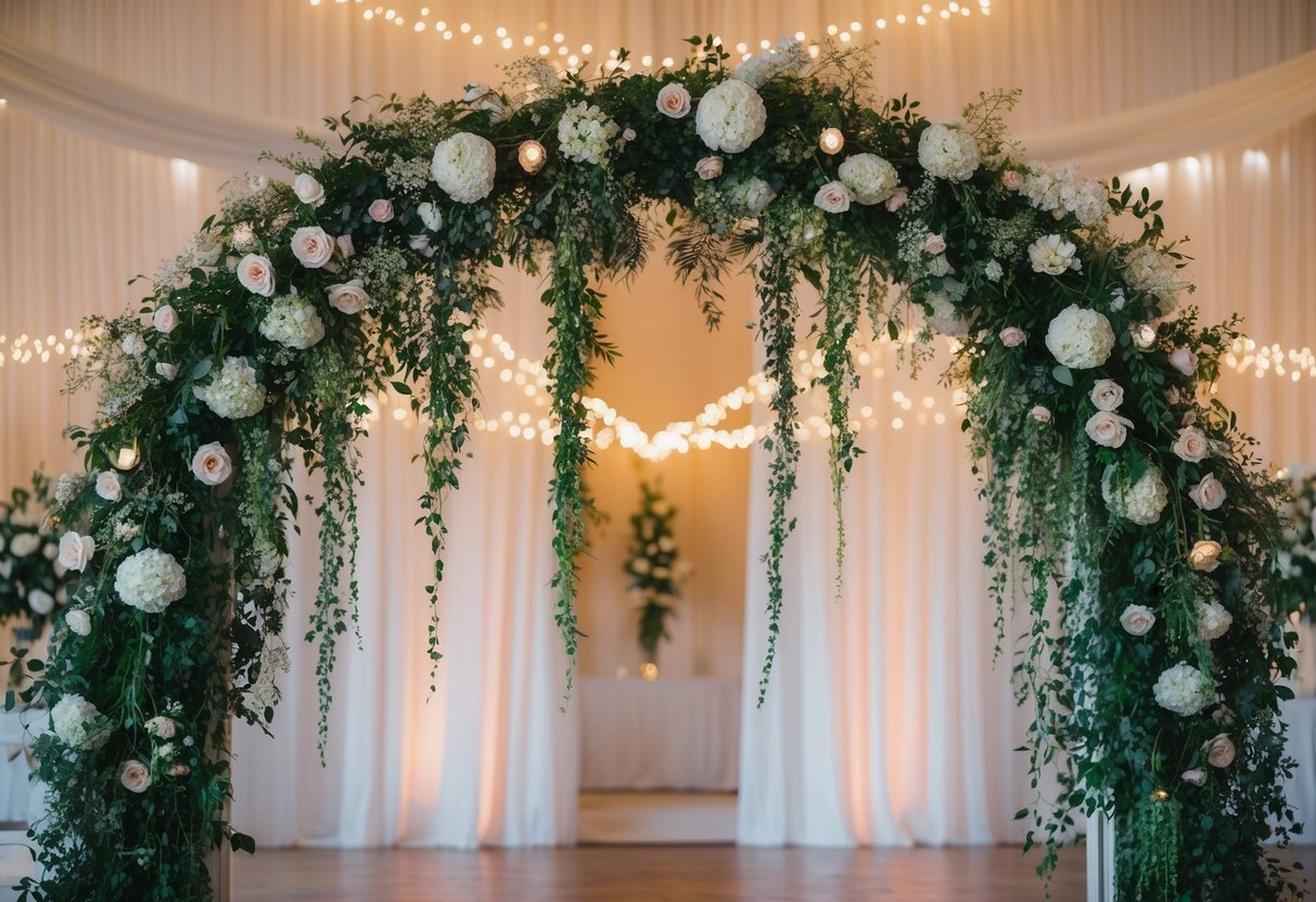 A floral archway with cascading greenery and twinkling lights
