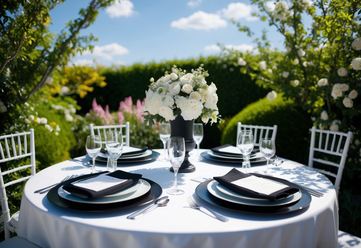 A table set with elegant black and white decor, surrounded by lush greenery and blooming flowers, under a sunny sky