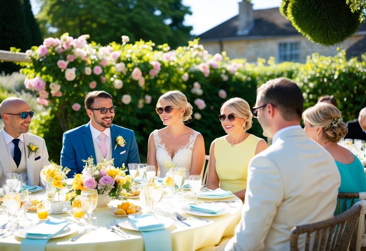 A sunny outdoor brunch wedding with guests in light, colorful attire. A garden setting with blooming flowers and elegant table settings