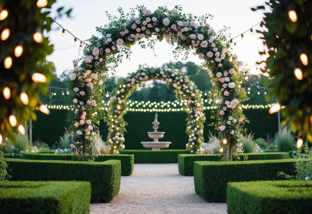 A lush garden with a floral archway and twinkling lights