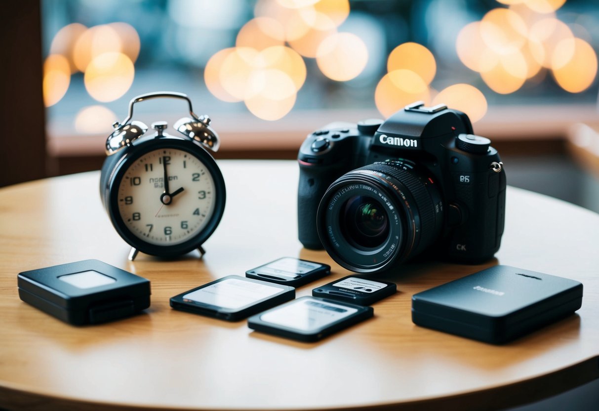 A table with a camera, memory cards, and a timer set for 4 hours