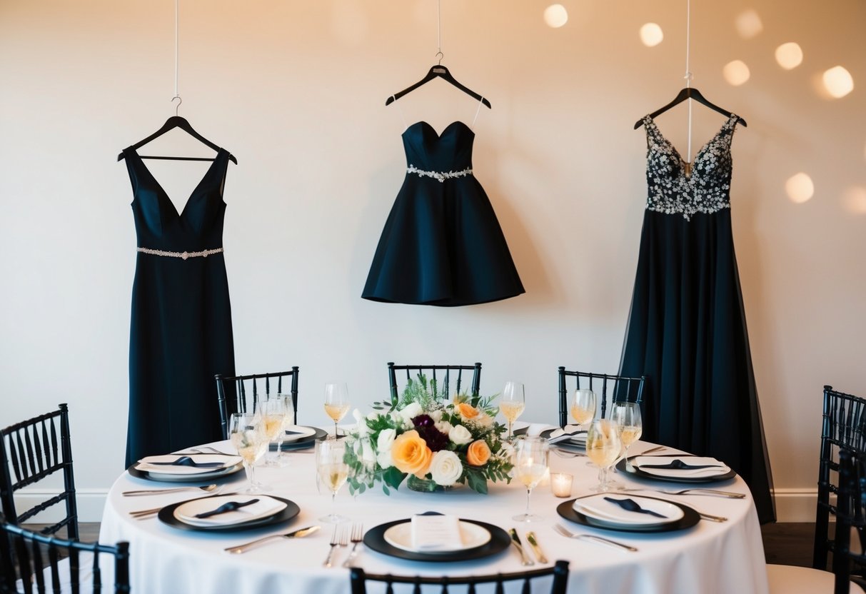 A table set for a brunch wedding with elegant black attire displayed on a hanger