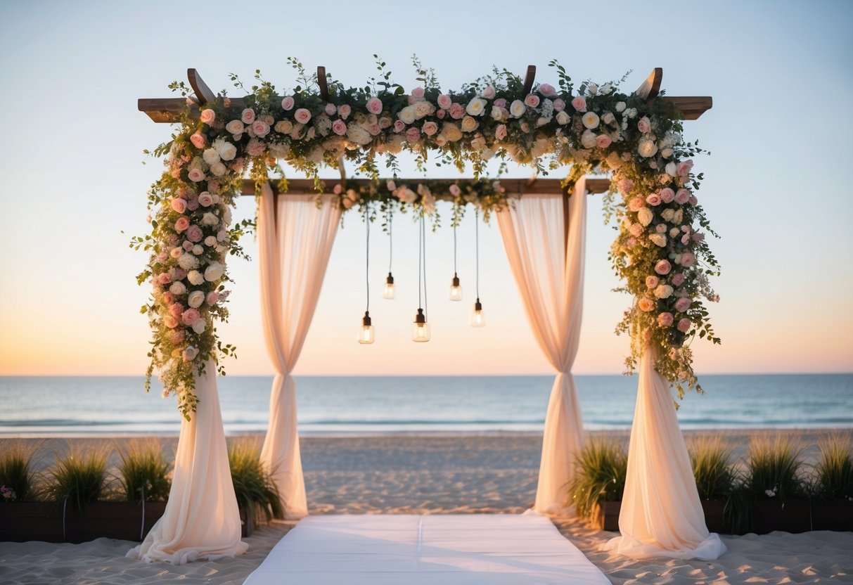 A floral archway with hanging lights and drapery, set against a sunset beach backdrop