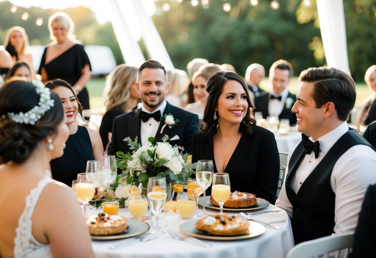 A brunch wedding scene with guests wearing elegant black attire