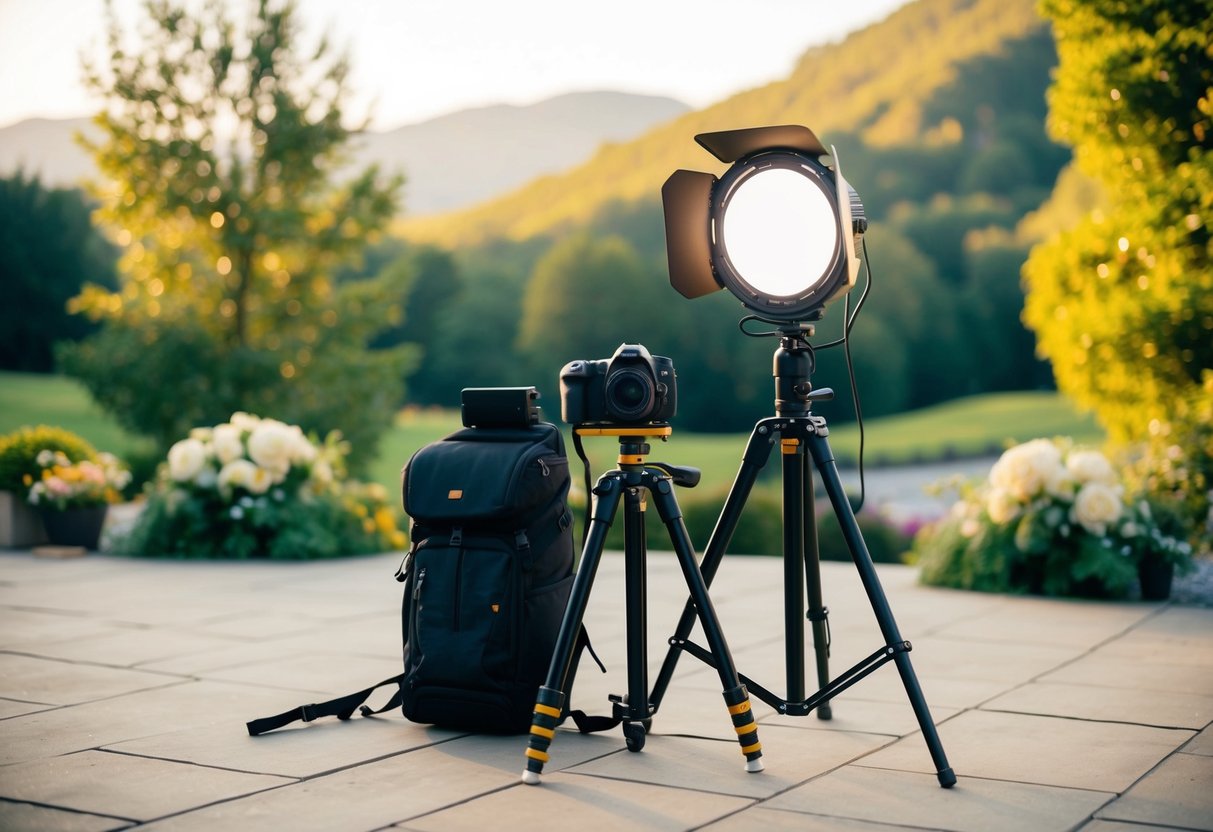 A wedding photographer's camera, tripod, and lighting equipment set up in a picturesque outdoor location, ready to capture the special moments of a 4-hour wedding