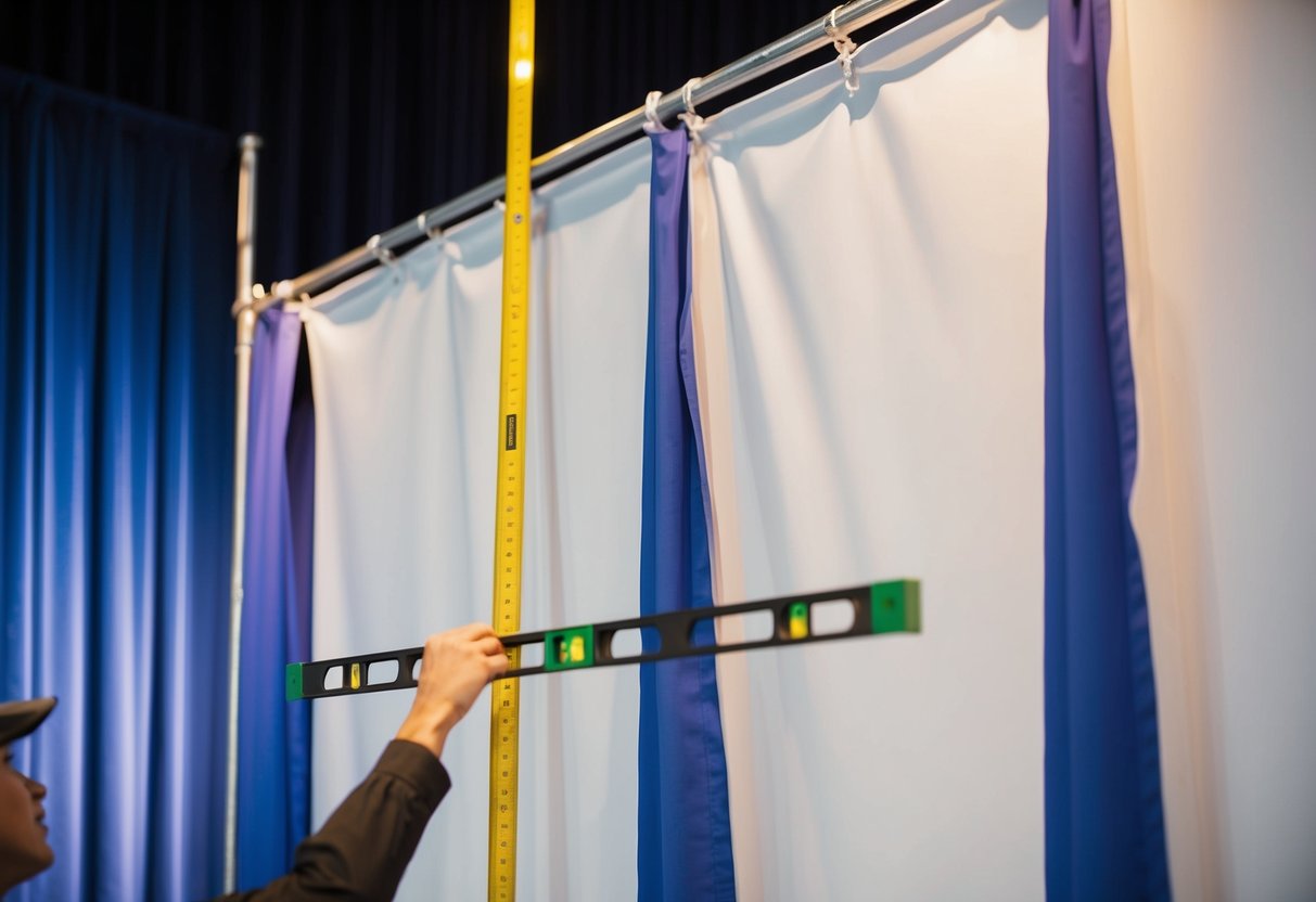 A stage backdrop is being measured, cut, and ironed before being hung. A person is using a level to ensure it is straight