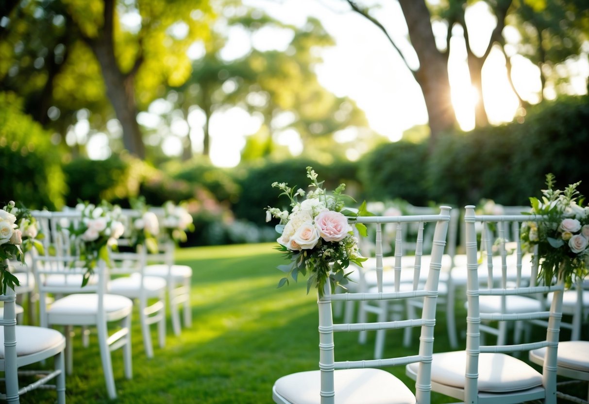 A morning wedding: elegant chairs set in a garden, adorned with fresh flowers, soft sunlight filtering through the trees
