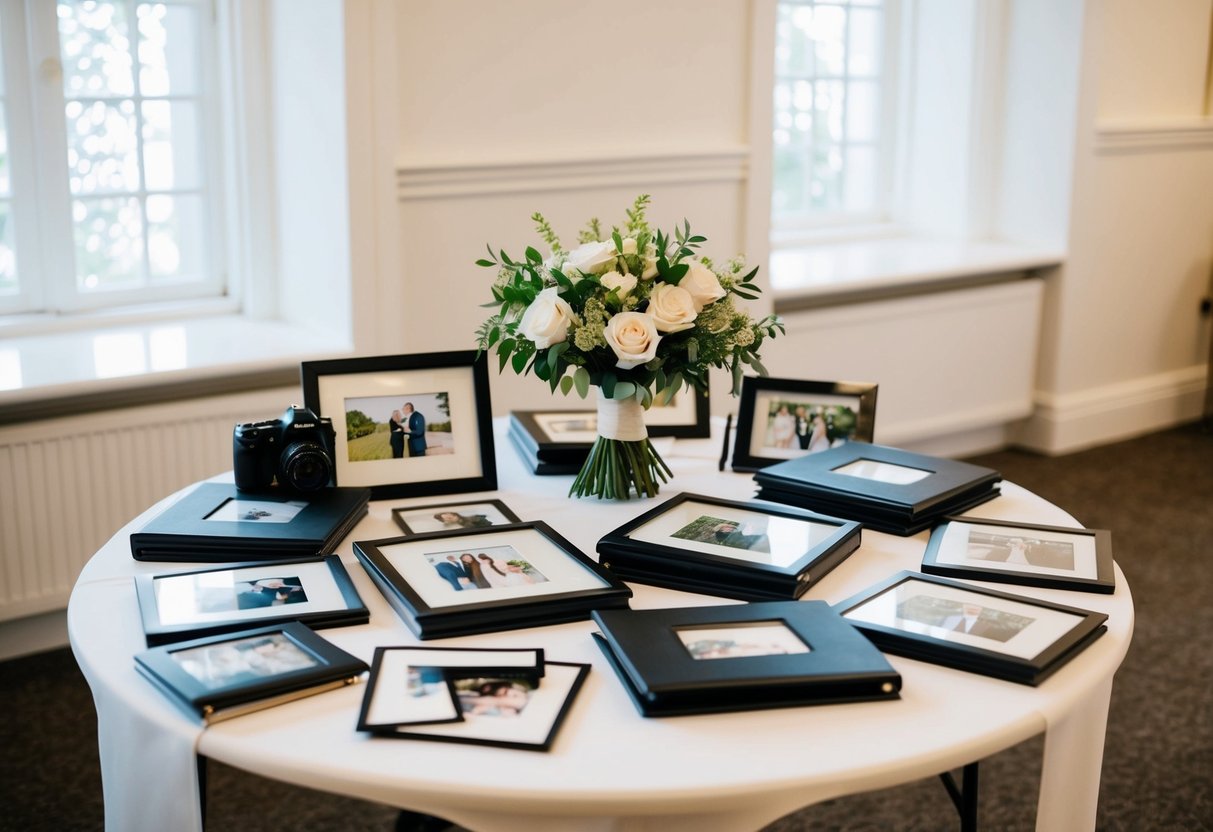 A table covered in wedding photos, albums, and frames, with a camera and bouquet nearby