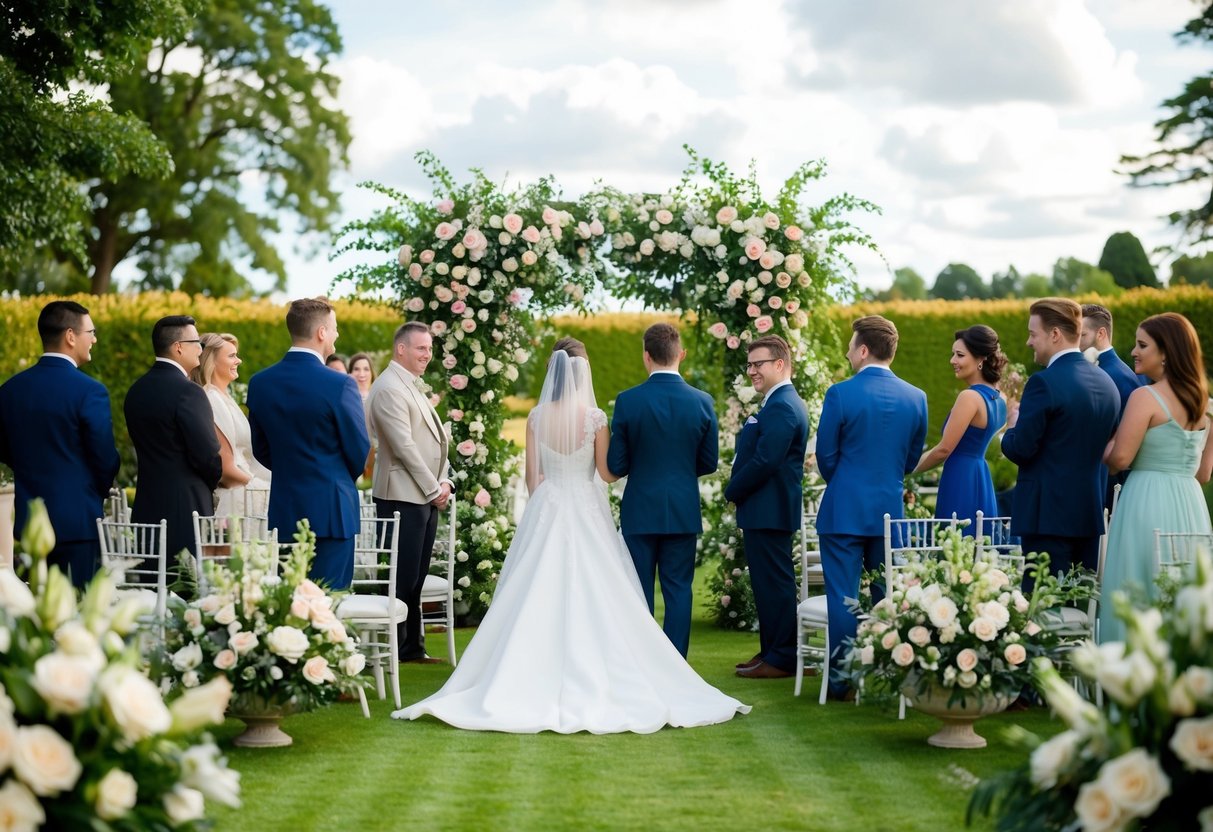 A garden setting with elegant floral arrangements, guests in semi-formal attire, and a bride in a traditional white gown