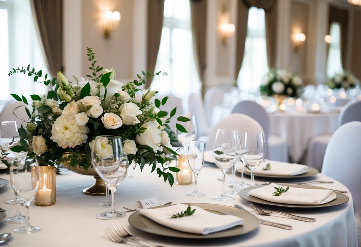 A formal morning wedding scene with elegant decor, crisp white linens, and a sophisticated floral arrangement on a well-set table
