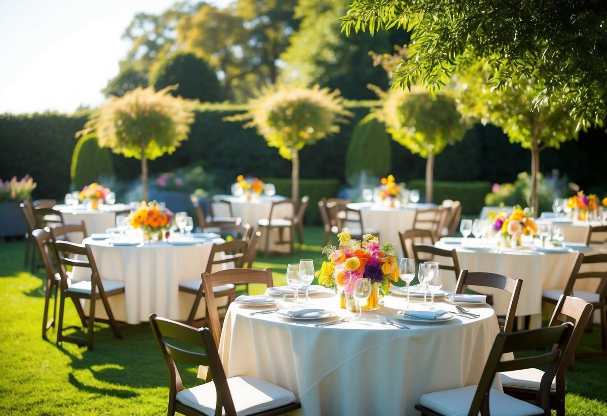 A sunlit garden with elegant tables and chairs set for brunch. A gentle breeze rustles the colorful floral centerpieces