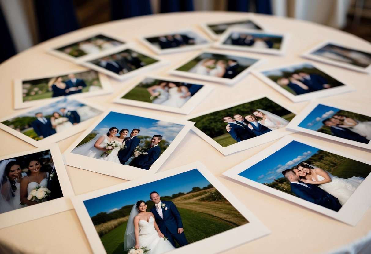 A table with a variety of printed wedding photos, including close-ups, group shots, and candid moments